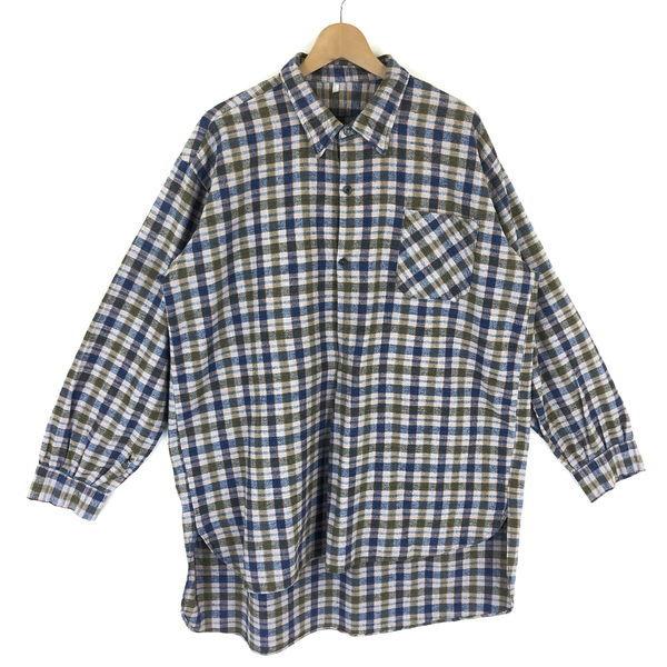 グランパシャツ フレンチヴィンテージ フランネル 厚手 チェック柄 長袖 グレー系 メンズL  n032718