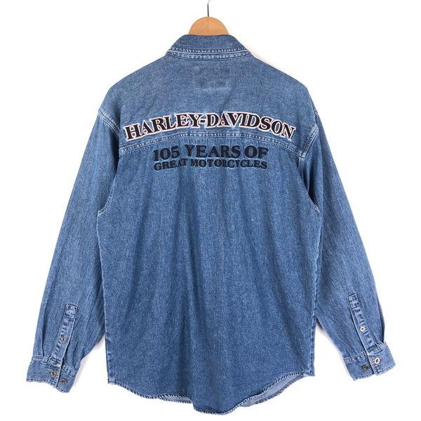 【古着】 Harley-Davidson ハーレーダビッドソン デニムシャツ ワッペン 刺繍 105YEARS ブルー系 メンズS 【中古】 n044816｜outfit-vintage｜06