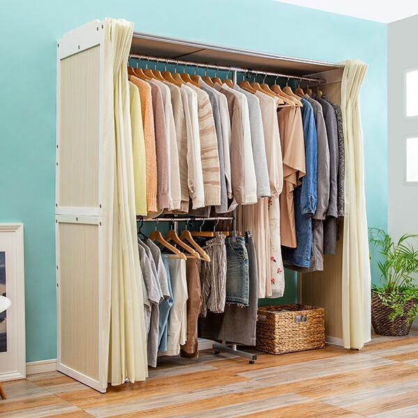 横伸縮 クローゼット 収納 ハンガーラック ワードローブ 2段 伸縮式