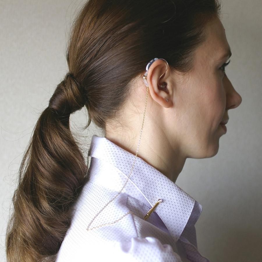 補聴器ストラップ　落下防止　ストライプ布地　シルクコード　片耳用　28cm　グレー/マスタード/ダークブラウン　 |  | 01