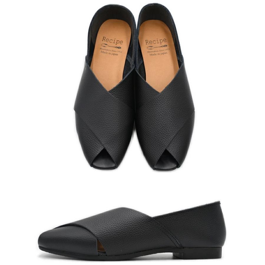 Recipe レシピ クロスベルトシューズ RP-544 日本製 本革 レザー フラット パンプス オープントゥシューズ レディース 歩きやすい Recipe レシピ クロスベルトシューズ RP-544 日本製 本革 レザー