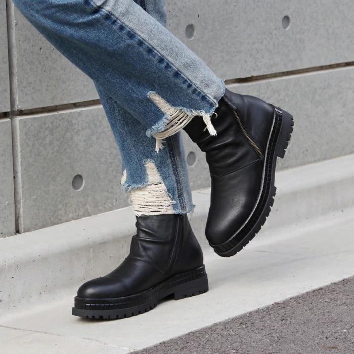 BUENO SHOES ブエノシューズ 厚底 サイドジップブーツ 22WT3800 (21WT3800) 本革 レザー ブーツ ドレープブーツ ショートブーツ ブラック BUENO SHOES ブエノシューズ 厚底 サイドジップブーツ 22WT3800