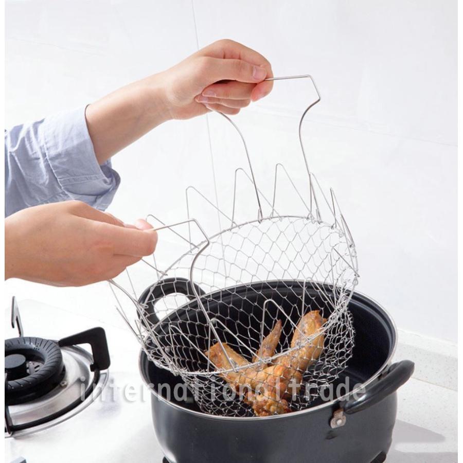 キッチングッズ 折りたたみ ステンレスフライかご 揚げ物バスケット 油