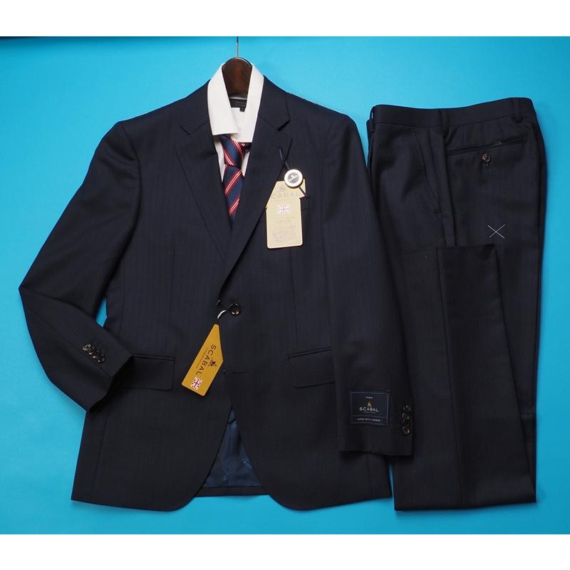 新品20.6万円 大手百貨店扱い 秋冬 日本製『Scabal スキャバル 英国製生地』カシミヤ混 Super120ウール ストライプ スーツA4紺(B) 1201071の画像