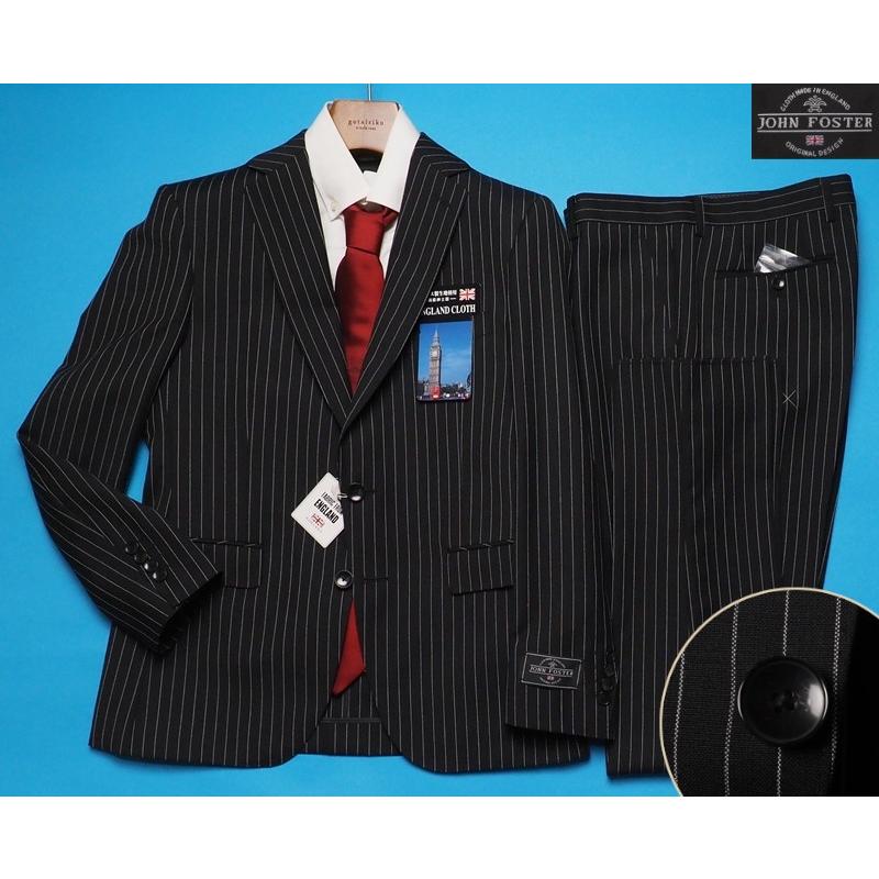 新品8.6万円 大手百貨店扱い 春秋『ジョンフォスター 英国製生地』 ウール100% ストライプ スーツAB6黒(A) 1500091
