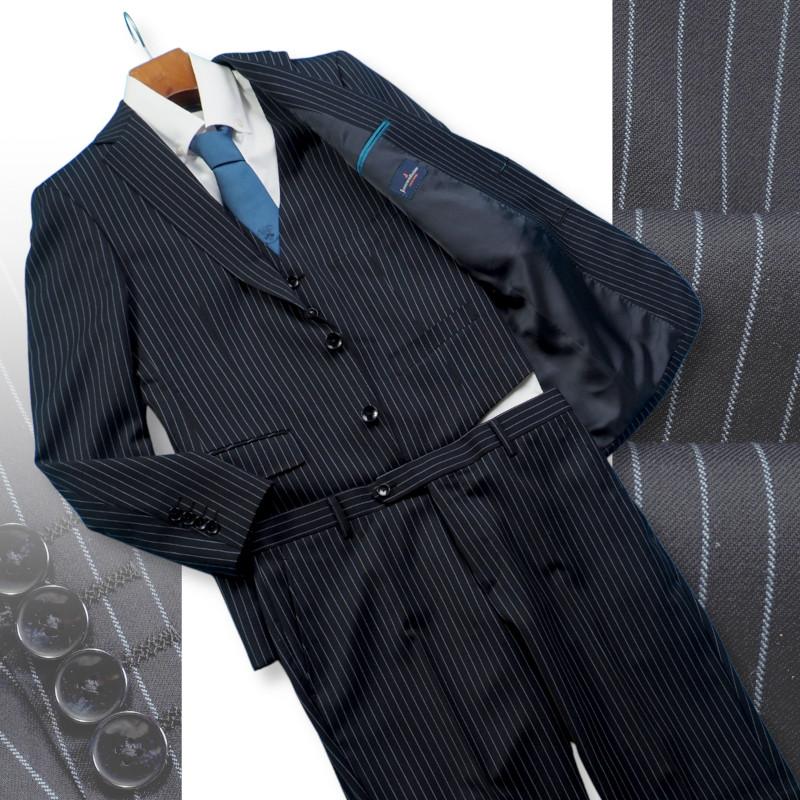 新品 大手百貨店扱い 春秋 ウール100% 綾織り ストライプ スリーピース