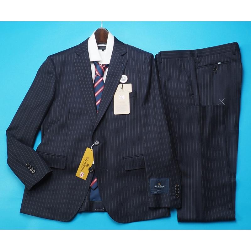 新品20.6万円 大手百貨店扱い 春秋 日本製『Scabal スキャバル 英国製生地』Super140Sウール 綾織 艶感 ストライプ スーツAB6紺(B)1703081の画像