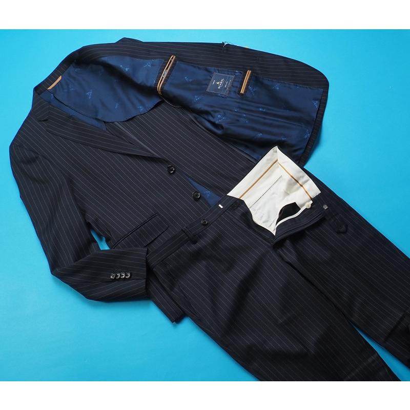 新品20.6万円 大手百貨店扱い 春秋 日本製『Scabal スキャバル 英国製生地』Super140Sウール 綾織 艶感 ストライプ スーツAB6紺(B)1703081の画像