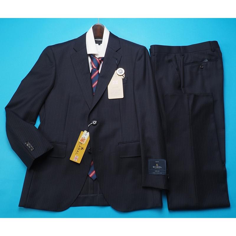 新品20.6万円 大手百貨店扱い 春秋 日本製『Scabal スキャバル 英国製生地』Super140Sウール 綾織 艶感 ストライプ スーツA6紺(B)1703881の画像