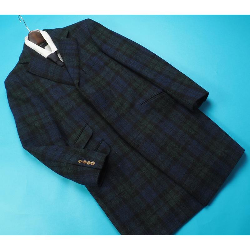 新品 オンワード樫山 Selflex 日本製『Harris Tweed ハリスツイード 英国生地』ウール100% 比翼 コート L程度 青緑 352445の画像