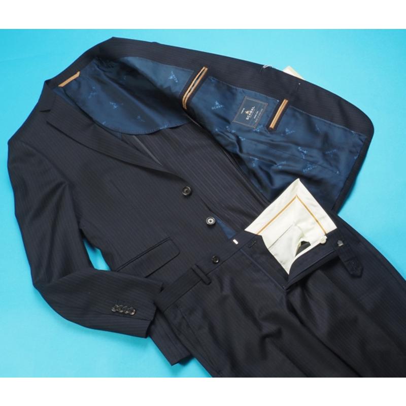 新品サンプル20.6万円 大手百貨店扱い 春秋 日本製『Scabal スキャバル 英国製生地』Super140Sウール ストライプ スーツA5紺(B) 4501581の画像