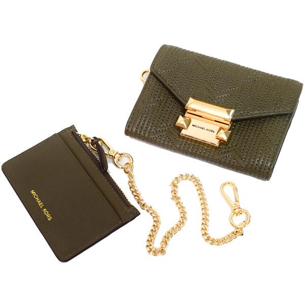 マイケルコース 財布 MICHAEL KORS レザー スタッズ スモール チェーン コンバーチブル 二つ折り カードケース付 コンパクト財布 2点セット オリーブ 32H8GWHC0T MICHAEL KORS（マイケルコース） コンパクト財布 レザー スタッズ