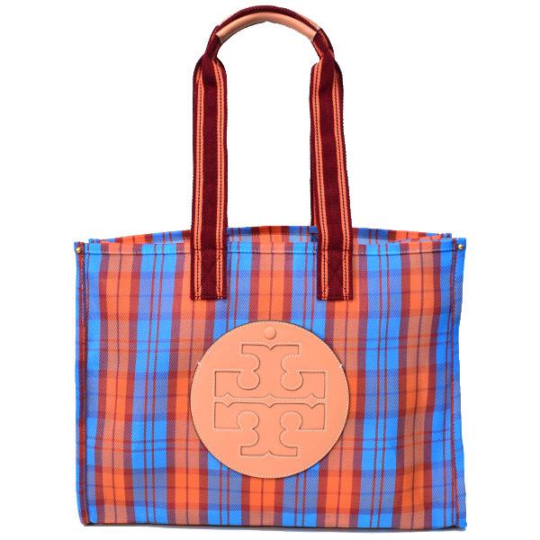 トリーバーチ バッグ TORY BURCH ポリエチレン レザー エラ メッシュ チェック柄 マーケット トートバッグ ブルー×オレンジ×メルカドプラッド 82706