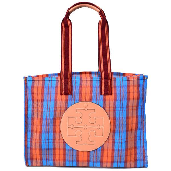 トリーバーチ バッグ TORY BURCH ポリエチレン レザー エラ メッシュ チェック柄 マーケット トートバッグ ブルー×オレンジ×メルカドプラッド 82706｜outlet365