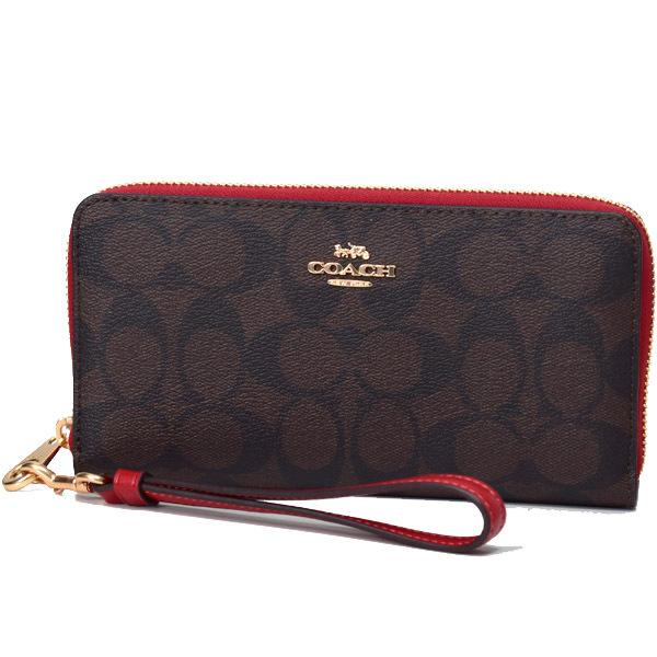 コーチ 長財布 COACH コーティングキャンバス スムースレザー シグネチャー リストレット ロング ジップ アラウンド 長財布 ブラウン×レッド C4452