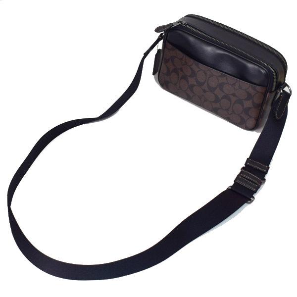 【美品！】COACHメンズショルダーバッグ（ストライプデザインブラックカラー） COACH（コーチ） バッグ メンズ コーティングキャンバス レザー