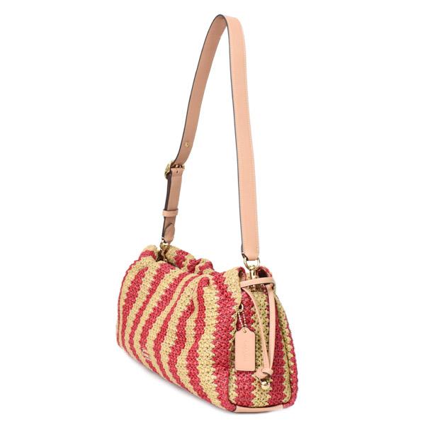【美品】coach ショルダーバッグ　ストロー COACH（コーチ） バッグ ストロー レザー かごバッグ 巾着 ストライプ