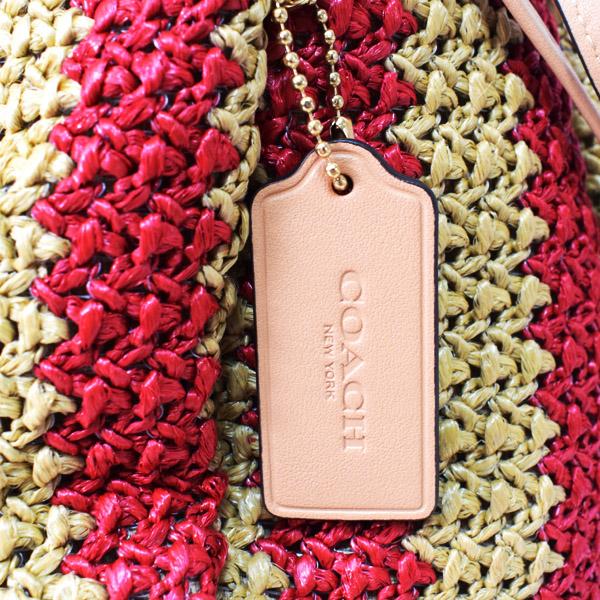 トリーバーチ かごバッグ トートバッグ 肩掛け ロゴ ストロー レザー レッド COACH（コーチ） バッグ ストロー レザー かごバッグ 巾着 ストライプ