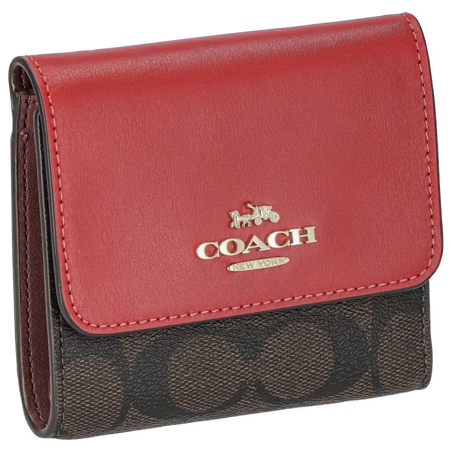 新品☆COACH コーチ　折り財布　レッド　ブラウン　レザー シグネチャー 新品☆COACH コーチ 三つ折り財布、レッド ブラウン レザー