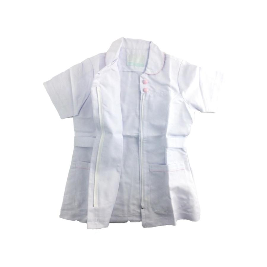 品質一番のジャケット アシンメトリー衿 看護師 ホワイトxピンク L 介護士 送料250円 制服、作業服 白衣 ナースウエア医用ワンピース 半袖トップス 女性医療用作業着 手術衣 オペ着看護介護 美容室作業着 S-XXXL 選べる3色