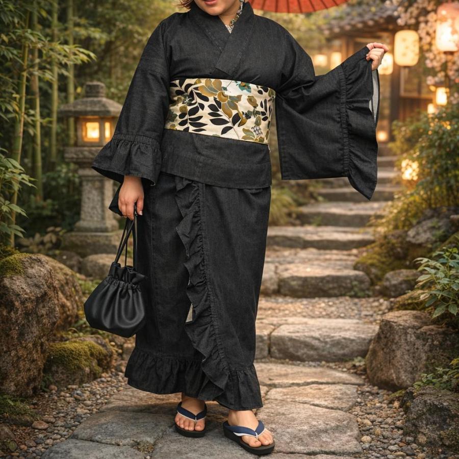 浴衣 レディース 綿100％ 二部式 カジュアル 大きいサイズ 8L〜10L相当 ブラック系デニム 夏_3