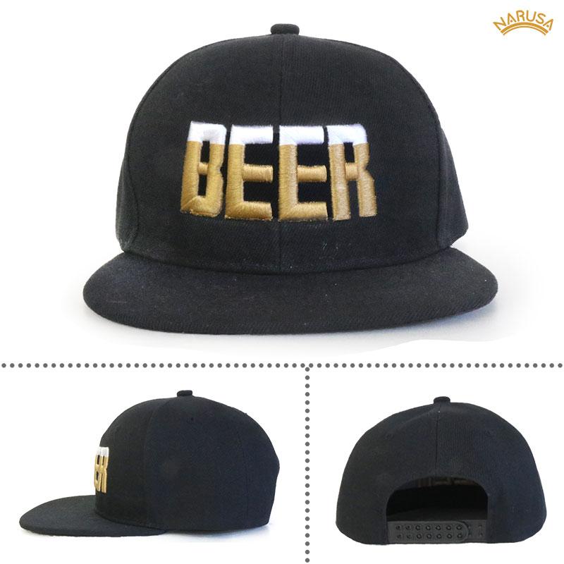 NARUSA ビール帽子 BEER 刺繍 フラットバイザーキャップ 黒