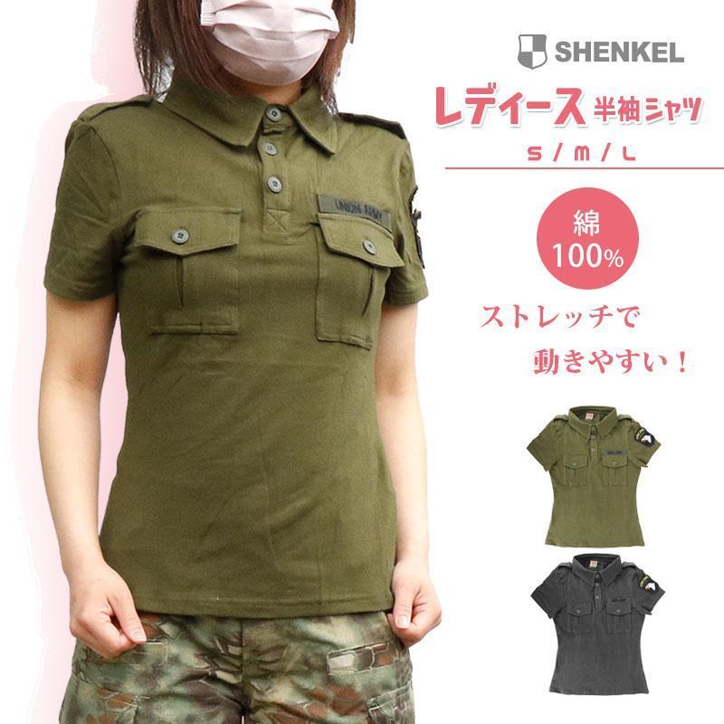 SHENKEL レディース UNIONARMY シャツ 半袖 2色 S/M/L 綿 100 SHENKEL レディース UNIONARMY シャツ 半袖 2色 S/M/L 綿 100