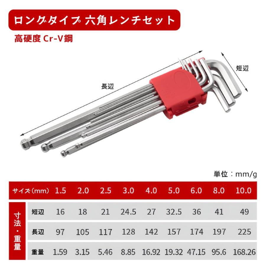六角レンチ セット ロング ６角ボールポイント L型 1.5/2/2.5/3/4/5/6/8/10mm ロング 精密 9本組 |  | 03