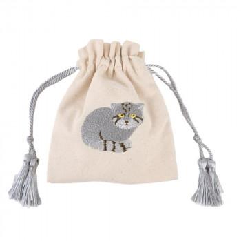 グーグー猫。マチ付巾着袋　（草花の刺繍＊グレー) アニマル刺繍巾着ポーチ2 07/マヌルネコ F238110-07 : オーバー