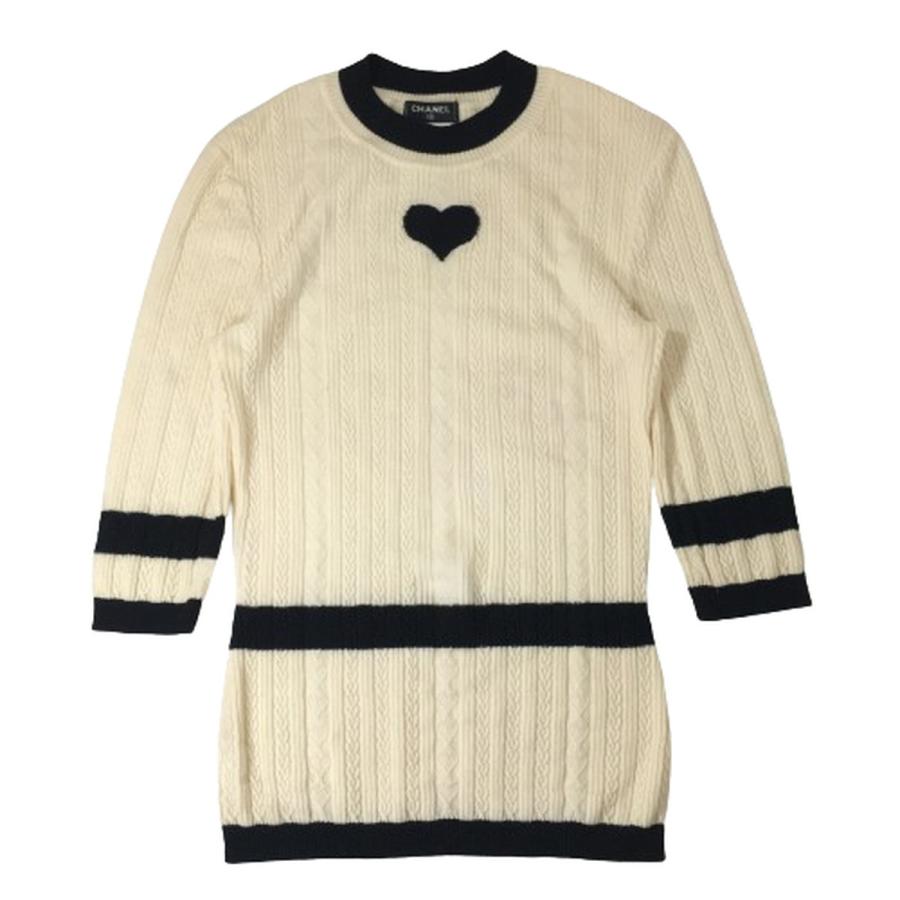 CHANEL シャネル P52 2015 Striped Sweater 3/4 Sleeve Knit Tops ハートニット アイボリー ブラック 34 CHANEL シャネル P52 2015 Striped Sweater 3/4 Sleeve Knit Tops