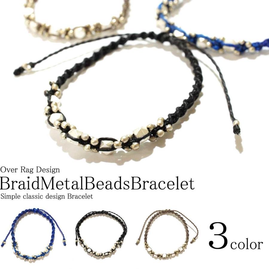 ブレスレット レディース ワックスコードメタルビーズ編み込み