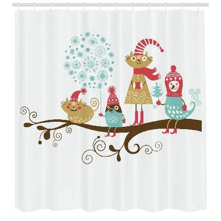 海外限定商品も取り扱っております！Lunarable Christmas Sh0wer Curtain, Cheerful Animals C0stumes 0n The Tree Branch in Winter Theme, Cl0th Fabric Bathr00m Dec0r Set with H00ks, 105&qu0t; Ext