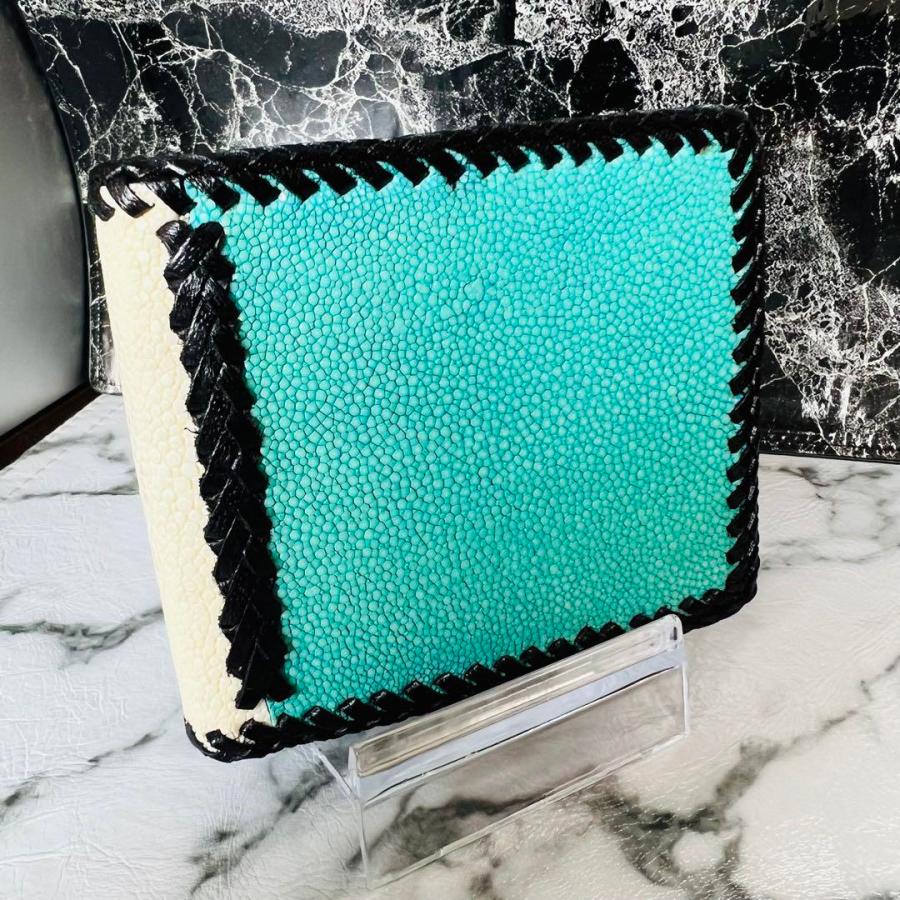 スティングレイ2つ折財布 フラット加工 メンズ エイ革 スカイブルー 20