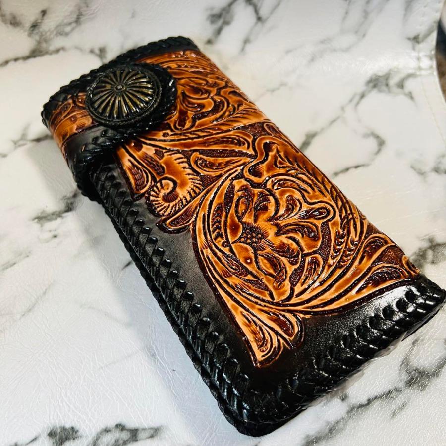 長財布 高級 本革 カービング 手彫り お洒落 本牛革 バイカーズ レザー