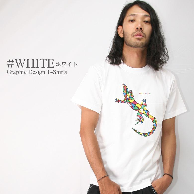 Tシャツ メンズ 半袖 バックプリント トカゲ柄 幾何学柄 トップス  