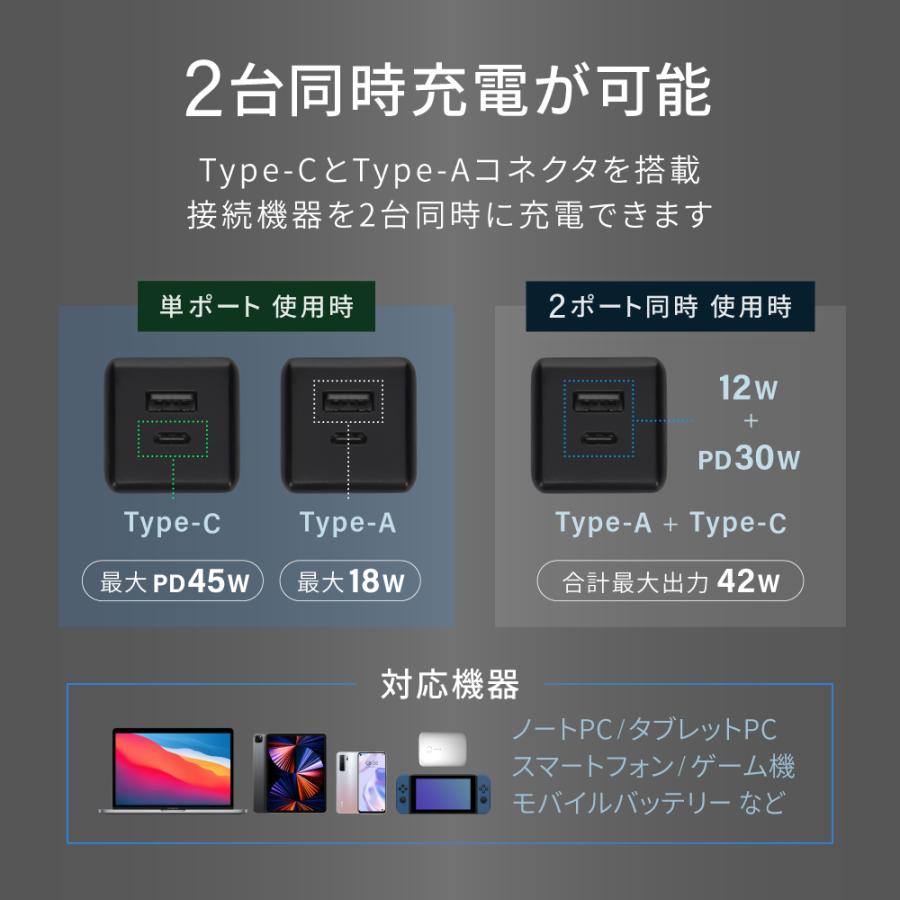 ACアダプター 充電器 スマホ iPhone タイプｃ USB Type-C×1 USB Type-A×1 最大PD45W出力 GaN採用（WEBショップ限定モデル） | Owltech | 02