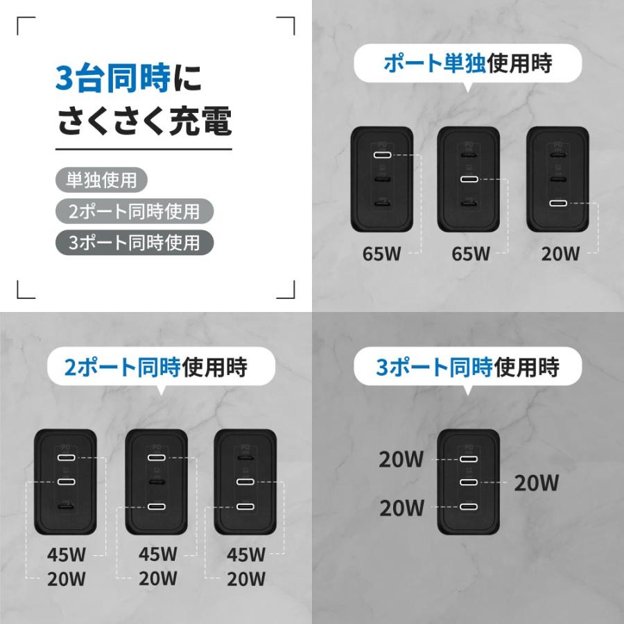 ACアダプター タイプC 65W PD GaN採用 type-c×3 | Owltech | 02