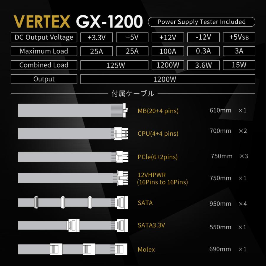 ATX電源 1200W Seasonic製 80PLUS GOLD認証 ATX 3.0 対応 フルモジュラー VERTEX-GX-1200｜owltech｜08
