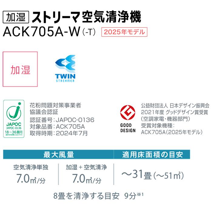 ダイキン 加湿ストリーマ空気清浄機 ACK705A-W ホワイト DAIKINの画像