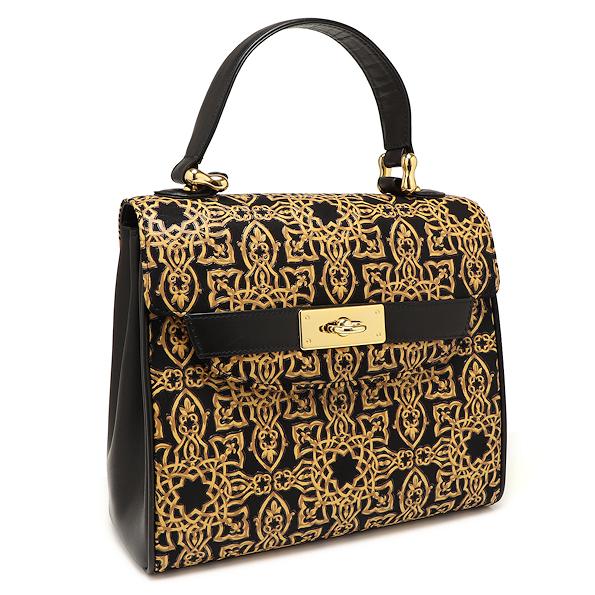 印傳屋 美品 ジオベスク ハンドバッグ レザー ゴールド×ブラック 甲州  