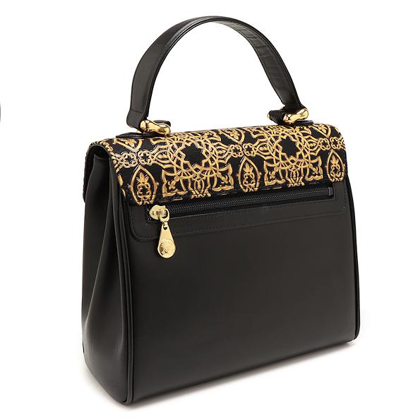 印傳屋 美品 ジオベスク ハンドバッグ レザー ゴールド×ブラック 甲州  