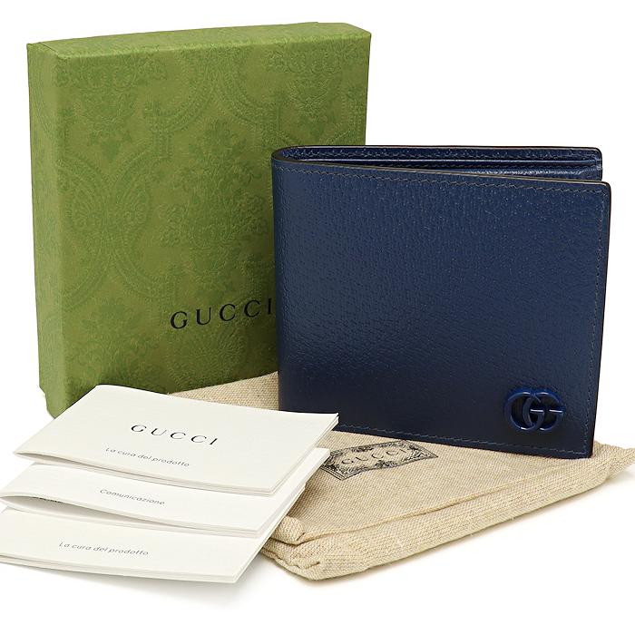 未使用 グッチ GGマーモント 二つ折り財布 428725 レザー ネイビー  