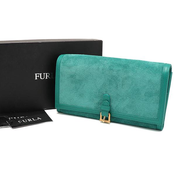 美品 フルラ 二つ折り長財布 スエード×レザー グリーン FURLA : 640-2 