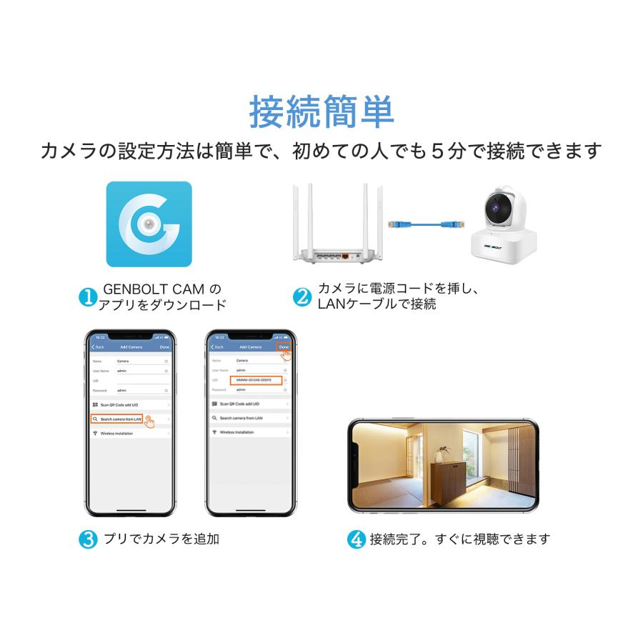 GENBOLT 防犯カメラ 室内 WIFI 400万画素 ペットカメラ 見守りカメラ