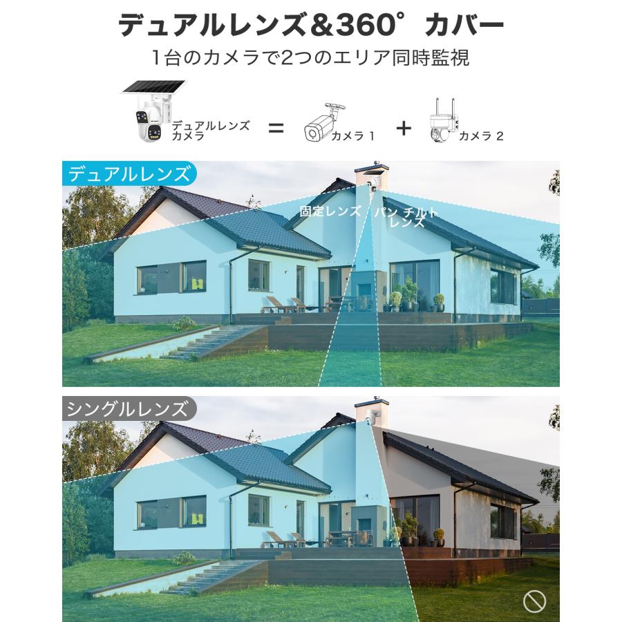 防犯カメラ 屋外 ソーラー 双目 工事不要 WIFI 監視カメラ ワイヤレス