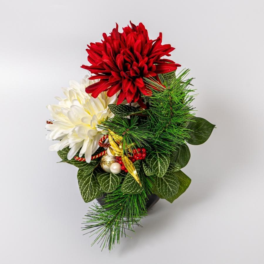 ダリア 松 アレンジ造花 1個 花瓶付き 正月 造花 仏花 仏壇用 祭壇用