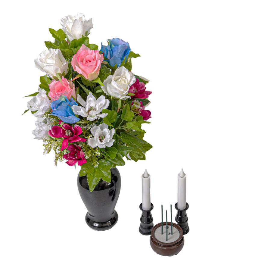 造花アレンジメント 2束セット カトリック バラ デイジー ポトス 造花 2束 固定具付き 洋花 仏壇用