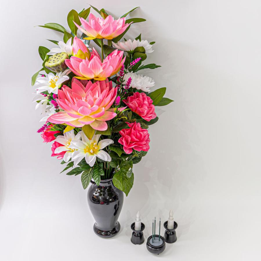 ハス ダリア 菊 しきみ(樒)付き造花 2束 固定具付き 造花 仏花 お墓用