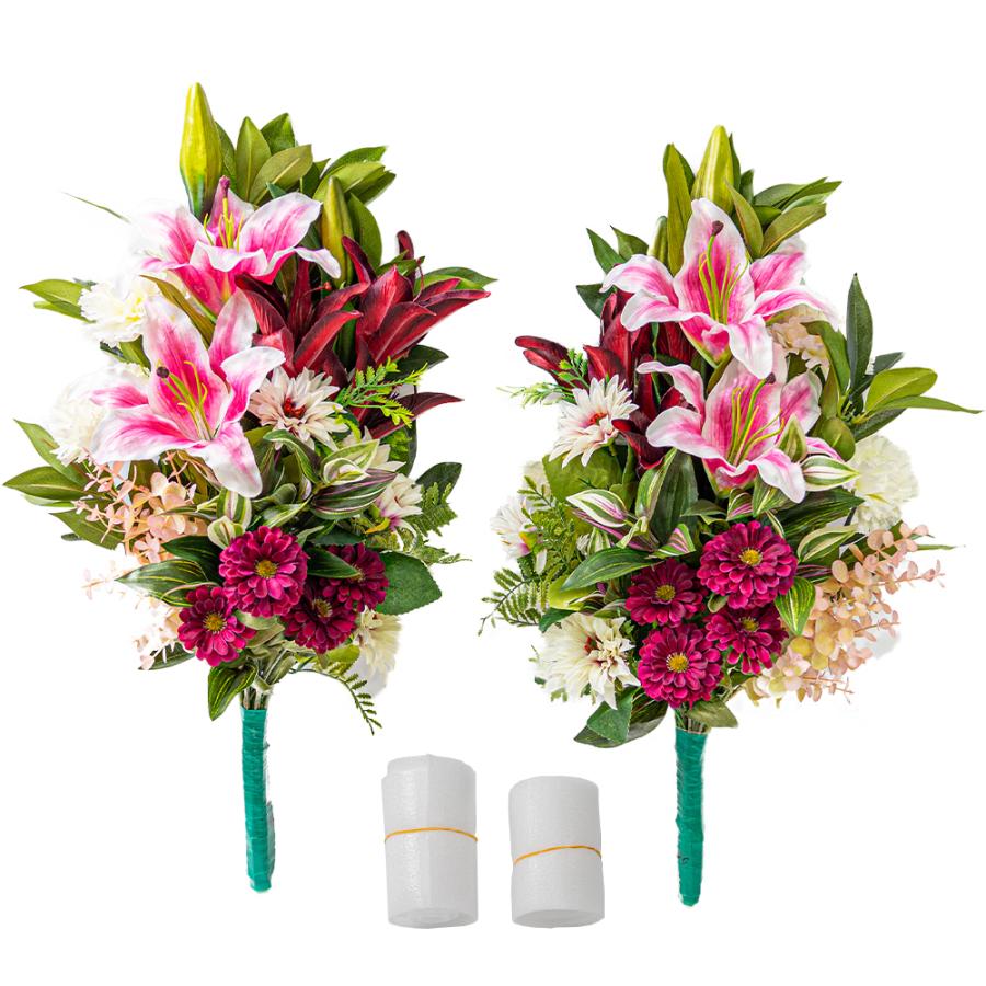 ユリ　カーネーション　ダリア　しきみ(樒)付き造花　2束　固定具付き　造花　仏花　お墓用　仏壇用　お墓参り　お盆　お彼岸　お供え　お悔み　P1-032
