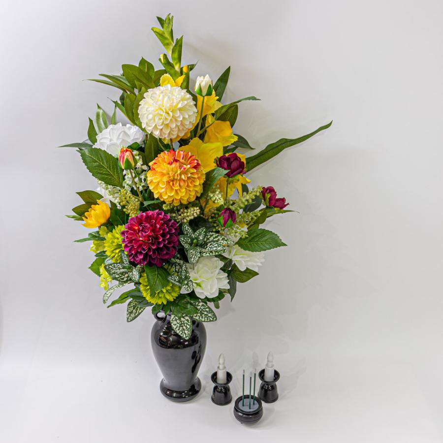ゴージャス❗造花  インテリア ダリア グラジオラス 菊 しきみ(樒)付き造花 2束 固定具付き 造花 仏花